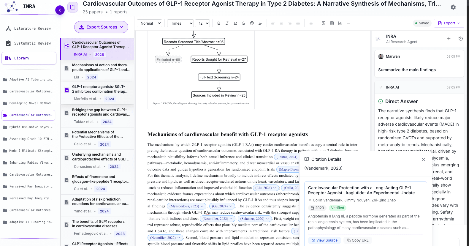 A narrative review open in the INRA workspace: the source library on the left, the draft in the editor with inline citations, a citation opened to its source details, and the research agent answering a question about the main findings